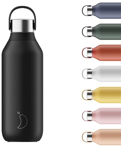 Chilly's Series 2 Stainless Steel Water Bottle - Abyss Black, 500ml | Vacuum Insulated, Soft Collar & Carry Loop, Thermal Flask, Hot & Cold Drinks, Leak Proof, No Sweat