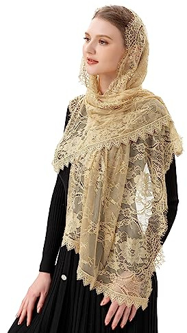 PAMOR Rectangular Chapel Veil Spanish Lace Floral Mantilla Veils Wrap Shawl Mass Head Covering (Beige)