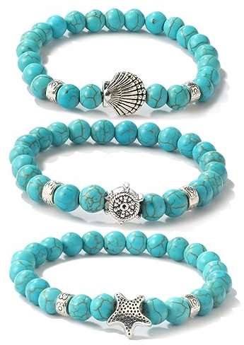Liitata 3 Stück Türkis Armband Naturstein Armband Boho Muschel Seestern Armband Elastisches Seil Bracelets Sommer Hawaii Strand Schmuck für Damen und Herren Grün