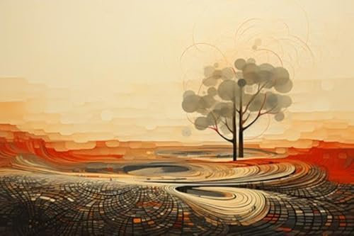 adrium Acryl-Bild 140 x 90 cm: Baumfeld wirbelndes Muster Chung Orange Gras goldene Farbtöne Boden Landschaft Formen strahlen Verbindung geschichtetes Papier (210816874)