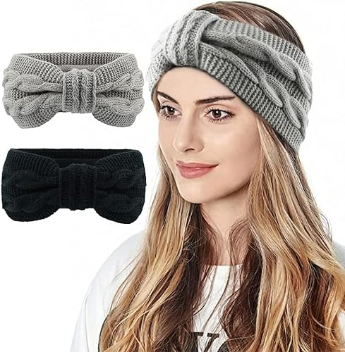 Winter Knit Headbands Women,2PC Knitted Headband Thermal Knit Headbands Elastic Bow Velvet Hairdbands for Women/Girls Outdoor Sports Skiing Running Party Good Gift