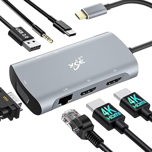 YCE Hub USB C 7 in 1 Multi Monitor Multiporta Adattatore Docking Station con 2 HDMI 4K@60 Hz,VGA,100Mbps Ethernet,Jack Audio,USB 2.0,PD 100W USB-C 3.0 Adattatore per Macbook,iPad,Switch,Cellulare