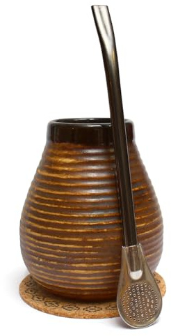 Mate Green Yerba mate-te-set ● Keramisk Mate mugg 350 ml ● Rostfritt stål sugrör Bombilla 19 cm ● Handgjord keramisk kalebass ● Matetee keramisk kopp ● Korkpad
