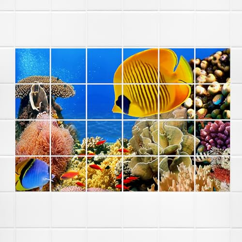 GRAZDesign Fliesenaufkleber Bad Korallenriff Fische Fliesenbild selbstklebend - 10x10cm / 124x72cm