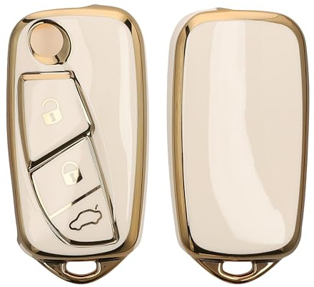 kwmobile Autoschlüssel Hülle kompatibel mit FIAT Lancia 3-Tasten Autoschlüssel - Schlüsselhülle Silikon Cover - Weiß Gold
