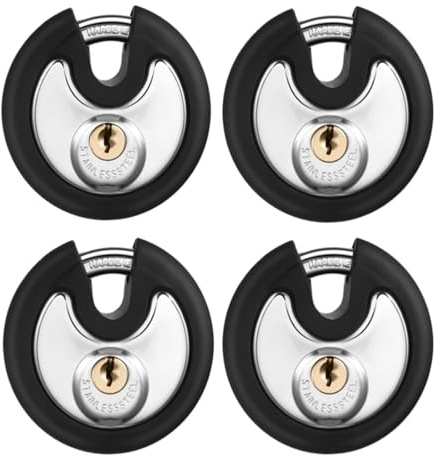 Chumia 4 Pack 70 mm Keyed Alike Padlocks Outdoor Round Stainless Steel Disc Pad Lock with Keys for Storage Unit, Sheds, Garages and Fence, Rubber Bumper Sheath (Black)
