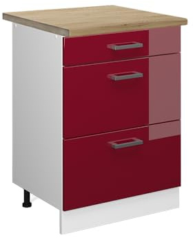 Vicco Küchenunterschrank R-Line, Rot Hochglanz, 60 cm mit Schubladen, AP Eiche, zur freien Kombination innerhalb modularer Küchensysteme