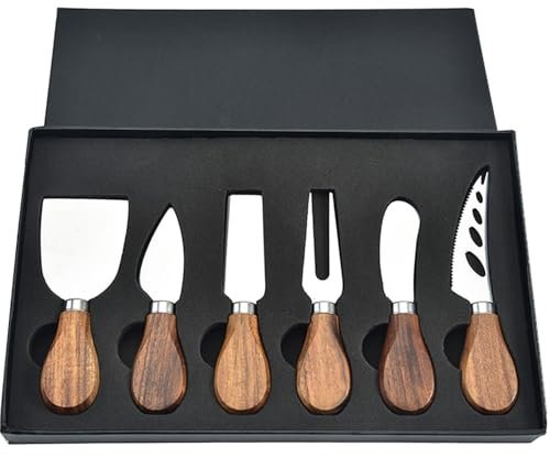 GXIQYL 6 PCS Cheese Knife Set, Cheese Knives Cutter Fork Spreader Wood Handle Stainless Steel Slicer Board Charcuterie Tools Set of 6 Cheese Knife Gift Set