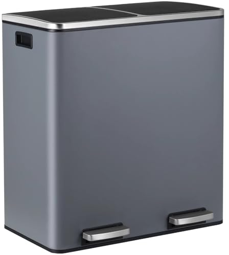 LIFERUN Mülleimer 2 Fächer, Abfalleimer Küche 60L (2x 30 Liter), aus Metall, mit Softclose Deckel, 2 pcs Kunststoff Inneneimer, Griffe, Rechteckiger, Doppelfach Treteimer- Grau