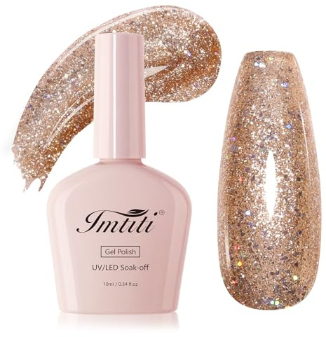 Imtiti Champagner Gold Glitzer Gelnagellack 10ML Dicht Holografisch Funkelnd UV LED Soak Off Langanhaltend 28+ Tage Hochglanz Salonqualitaet Nagelkunst fuer Damen Maedchen Geschenk 0.34 fl oz