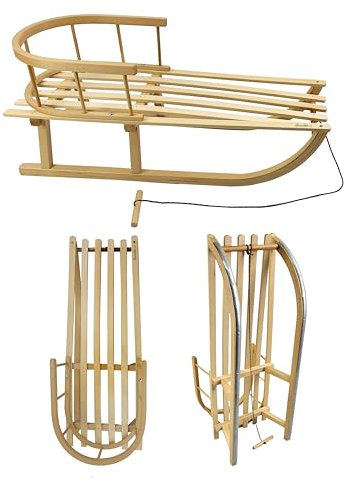 Kinderschlitten 90 cm mit Rückenlehne - Holzschlitten aus massivem Buchenholz - Rodelschlitten Schneeschlitten Davoser mit Leine & Griff - robuste Kufen mit Leichtlauf-Stahlkufenbeschlägen