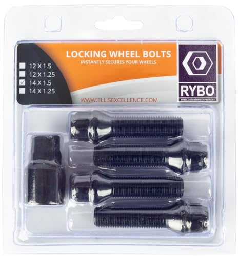RYBO Set of 4 M14 x 1.25 Tapered Alloy Wheel Locking Bolts (Black, 45mm Thread Length)
