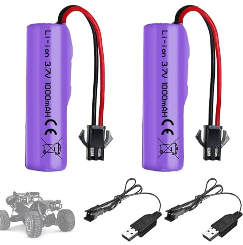 SKIKHN 2 Stück 1000mAh 3.7V RC Akku, Wiederaufladbare Lithium-Batterien mit UBS Ladekabel SM-2P Stecker, Universal Li-Ion Battery Compatible Für RC Fahrzeuge, Boote, Panzer, Auto, Roboter, Stunt Car
