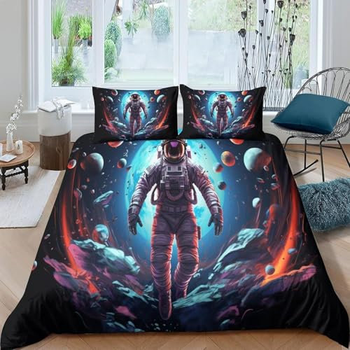 Kinder Bettwäsche Bettbezug Set 3D Druck Astronauten-Weltraum 3 Teilig 135X200 Cm Mikrofaser Bettwäsche Set Mit Reißverschluss Und 2 Kissenbezug - Anti-Allergie Anti-Fading Pflegeleich -26167661870662