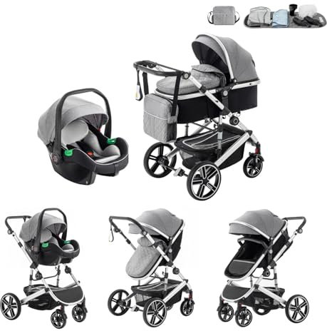 Kakbgee 3 en 1 Carrito Bebé, Cochecito Bebe con Asiento de Coche, Cochecito con Mango Ajustable de Altura, Cochecito Carro de Visión alta con Marco de Aluminio, Gris(0-4 Años, 22KG)