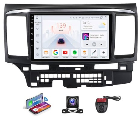 Android 13 9 QLED Écran Stéréo pour Mitsubishi Lancer 10 CY 2007-2012 Voiture sans Fil Carplay/Android Voiture Local Météo/DSP FM RDS Dab+ Radio/Commandes au Volant/Bluetooth/Caméra(NF-4)