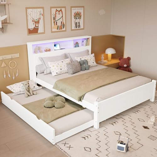 Holzbett Doppelbett 120x200&90x190 cm, Funktionsbett mit ausziehbarem Bett, Kopfteil mit LED-Lichtstreifen&Ladefunktion&Staufach, Bettgestell Gästebett Flachbett mit Lattenrost, Ohne Matratze, Weiß