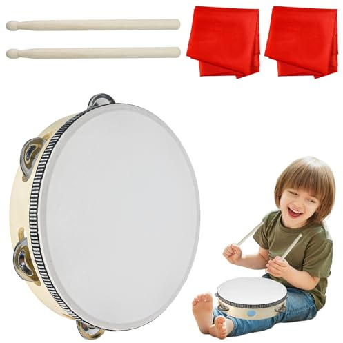 VGECEE Pandereta de Madera de Solo Fila Ø20cm Tambor de Mano Pandereta Infantil Tambor Sonido Claro para Adulto Ninos Cursos de Música Educación Infantil Fiesta Regalo + 2 Palos Tambor + 2 Paños