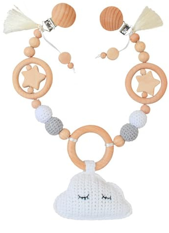 Ueiwffzo Kinderwagen Kette für Babys, Gehäkelt Cartoon Tier Anhänger Baby Mobile, Babyspielzeug Zum Flexiblen Aufhängen Kinderwagenkette aus Holz, Babyspielzeug Kinderwagen Für Baby (Wolken)