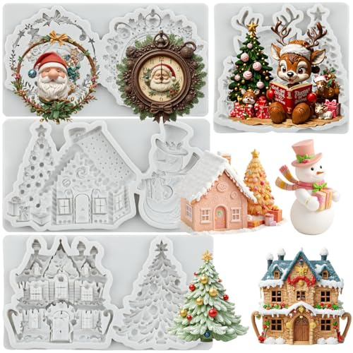 MYRACS Weihnachten Fondantform Weihnachtsbaumhaus Silikonformen 4er-Set | Weihnachts-Schneemann-Rentier-Schokoladenbonbonform zum Dekorieren von Kuchen Cupcake-Topper Polymer Clay Gum Paste