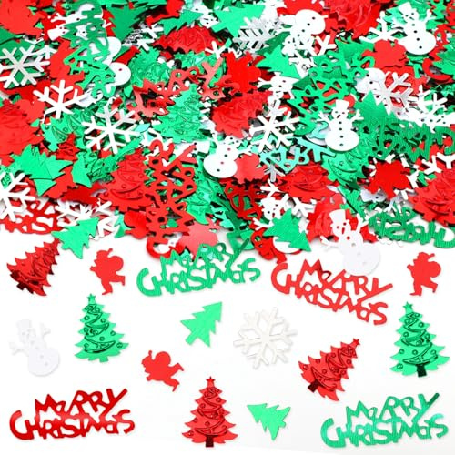 MARFOREVER Coriandoli natalizi glitterati da tavolo, rosso, verde, bianco, coriandoli da spargere per feste, Babbo Natale, albero di Natale, fiocco di neve, pupazzo di neve, decorazione da tavolo per