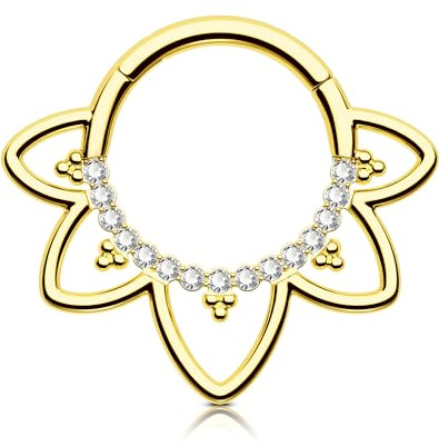 OUFER 16G Piercing Septum Lotos Oro Daith Ring Acciaio Chirurgico 316L Trasparente CZ Orecchino Septum Cartilagine Ring Clicker Helix Piercing per Donna 10 mm
