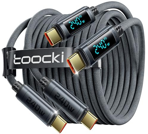 toocki Cable USB C 240W, [2Pack 2M] Carga Rápida con Pantalla LED, Gris | PD3.1 Carga Rapida Tipo-C, Chip E-Marker, Pantalla Inteligente para MacBook/iPhone 17/Galaxy S25/Carplay, Ideal Viaje/Casa
