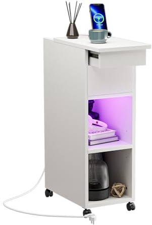 ChromaCasa Comodino Stretto con Illuminazione a LED e Stazione di Ricarica, Comodini con 2 Scomparti Aperti e 1 AC + 2 USB, 1 Cassetto, Luce Bluetooth, Bianco 75 x 45 x 25 cm per Soggiorno Studio