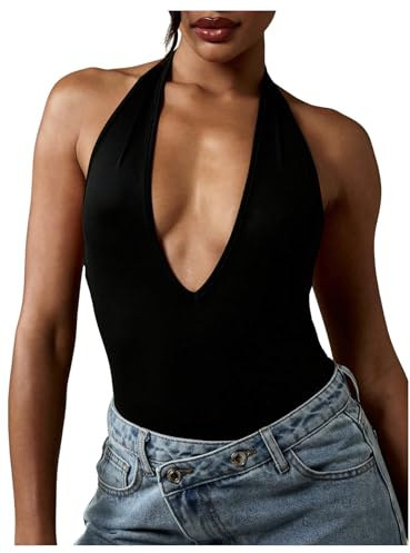 Milumia Women's Deep V Neck Halter Bodysuit Sleeveless Open Back Going Out Party Leotard Black Medium