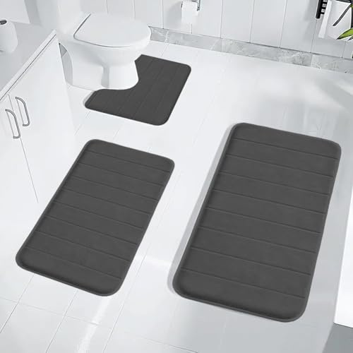 YNNHUDEEP Badezimmerteppich Set 3 Teilig - Badematte aus Korallenfleece,Badteppich rutschfest Waschba,Dunkelgrau Badezimmer Teppich Set,Bad Teppich rutschfest Waschbar für Dusche,WC & Badewanne