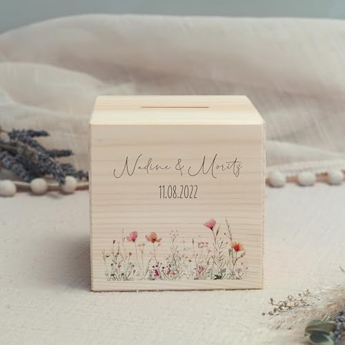 hellomini Personalisierte Spardose aus Holz mit Namen – Graviertes Sparschwein zur Hochzeit – Geldgeschenk für das Brautpaar mit Wunschtext – Romantisch & dekorativ - Blumenwiese