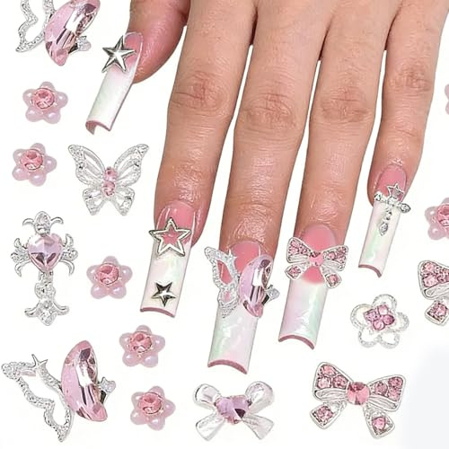 Tastetreasure 32Pcs 3D Pink White Nail Charms, Kawaii Butterfly Bow Cross Flower Rhinestones Set, Luxury Valentine's Nail Art Decorations