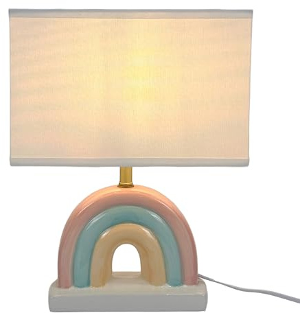 Relaxdays Tischlampe Regenbogen, Stoff & Keramik, HxBxT: 37 x 28 x 15 cm, Kinderzimmer Lampe, Kinderlampe, weiß/pastell