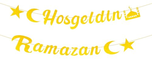 Ramadan Deko - Hosgeldin Ramazan Girlande,Ramadan Girlande Banner,Gold Glitzerndes Hosgeldin Ramazan Banner,Eid Dekoration Party Hängen Dekoration,mit Moon Star Castle,für Home Garten Festival Party