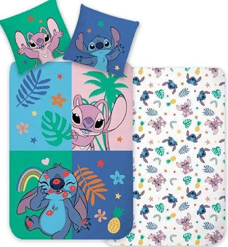 Stitch und Angel Tropical Bettwäsche 140x200 + Kissenbezug Baumwolle Disney | Wendebettwäsche Einzelbett | Naturbaumwolle atmungsaktiv Oeko-Tex | Exotisches Laub Regenbogen | Lilo & Stitch | Geschenk