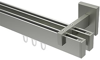 INTERDECO Innenlauf-Gardinenstange eckig 14 x 35 mm 2-läufig, kantige Innenlaufstange aus Metall, Edelstahl-Optik, zur Wandmontage, Typ 10212821, 220 cm