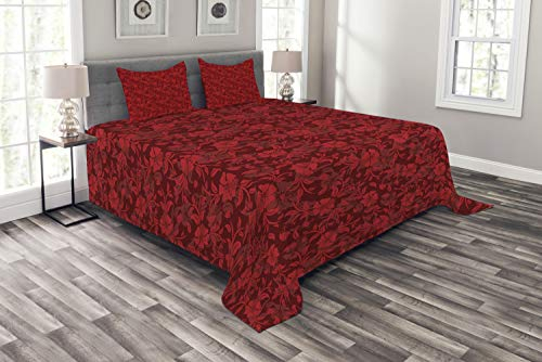ABAKUHAUS rot Tagesdecke Set, Blumen-Blätter und wirbelt, Set mit Kissenbezügen Waschbar, für Doppelbetten 264 x 220 cm, Rot