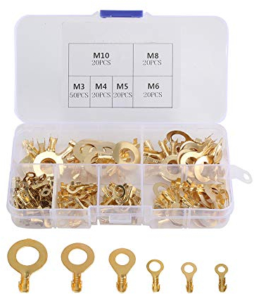 KINDPMA 150Pcs Terminales Faston Redondos Terminales Eléctricos Anillo Aislante Cable M3 M4 M5 M6 M8 M10 Latón Anillo Terminales de Cable para Altavoces Coche Automóviles Motocicletas