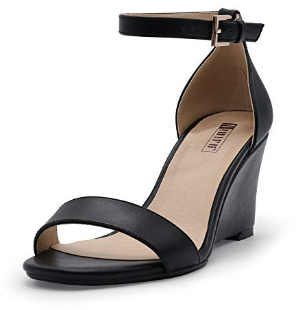IDIFU Women's Classic Wedge Heels Sandals 3 Inch Ankle Strap Open Toe Evening Dress Wedding Shoes (Black Pu, 8 M US)