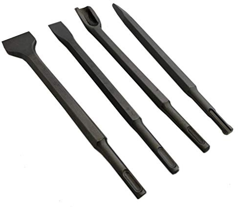4x 250mm Betonmeißel mit SDS Plus Aufnahme, Steinmeißel mit Hartmetall bestückt, Spitzmeißel, Spatenmeißel, Flachmeissel, Kanalmeißel