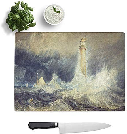 Kitchen Chopping Board Glass - J.M.W. Turner (Joseph Mallord William Turner) Bell Rock Lighthouse - Textured Worktop Saver Cutting Board - Heat Resistant, Shatterproof and Hygenic - 39 x 28.5 cm