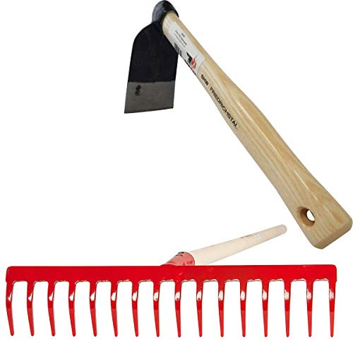 SHW-FIRE Set: Garten-Rasen-Rechen und Beethacke mit Eschenholzstiel | Für Gartenarbeit & Bodenbearbeitung | Zum Lockern und Jäten | Zum Einebnen und Glätten | Beetpflege | Made in Germany