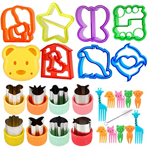 26Stück Ausstechformen Brot Toast, Gemüse Sandwich Ausstecher, Edelstahl Cookie Plätzchen Keks Cutter mit Anti-Rutsch Griff, Tierform Gemüseschneider bento zubehör kinder mit 10 Karikatur Zahnstocher