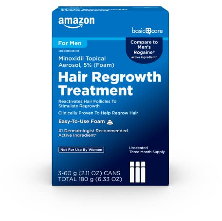 Amazon Basic Care Minoxidil Topical Aerosol, 5% Foam, Hair Regrowth Treatment for Men, Unscented, 2.11 oz, 3-Month Supply (3-Pack)