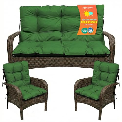 SuperKissen24. Sitzkissen Bankkissen Bankauflage - 100x50 cm und Rückenlehne 100x60 cm mit 2er 48x96 cm Stuhlkissen Set - Outdoor und Indoor - Grün
