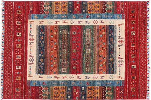 RUG PRINCE Afghan Ziegler Khorjin Teppich 100x150 Handgeknüpft Rot Streifen Orient Kurzflor f