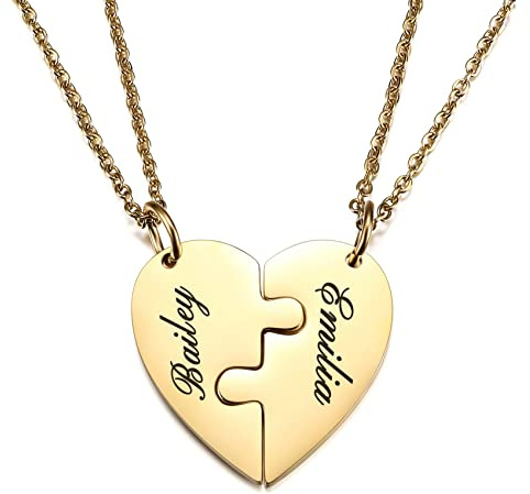 MunkiMix Personalisierte Halskette für Männer/Frauen, Paar-/Freundschaftskette für 2/3/4/5 Teile, Schwarz/Silber Herz-Puzzle-Teile-Halsketten-Sets, Name/Text-Gravur Edelstahl-Halskette