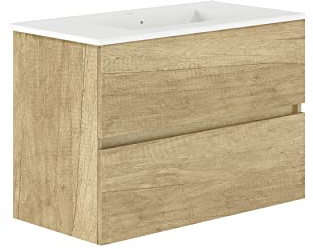 Baikal, Conjunto de baño Natura. Mueble de Baño de Fondo Reducido, con Lavabo cerámico. Distribución Dos Cajones. Mueble MONTADO. Dos Cajones sin Espejo. Fondo 36cm 80 cm Nature