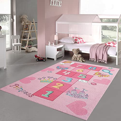 Matta dröm barnmatta prinsessa hopplåda rosa 120 x 160 cm | Lättskött, halkfri, slitstark och hudvänlig, OEKO-TEX-testad, med slott, krona, hjärtan och fjärilar