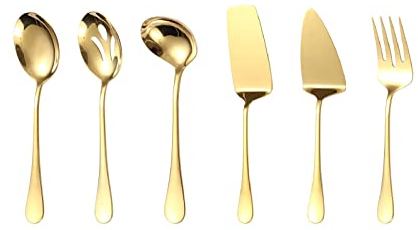 Juegos De Cubertería Cuchara Para Servir De Acero Inoxidable Cucharón Para Sopa Colador Tenedor Pala Restaurante Cubiertos Públicos Juego De 6Uds Dorado